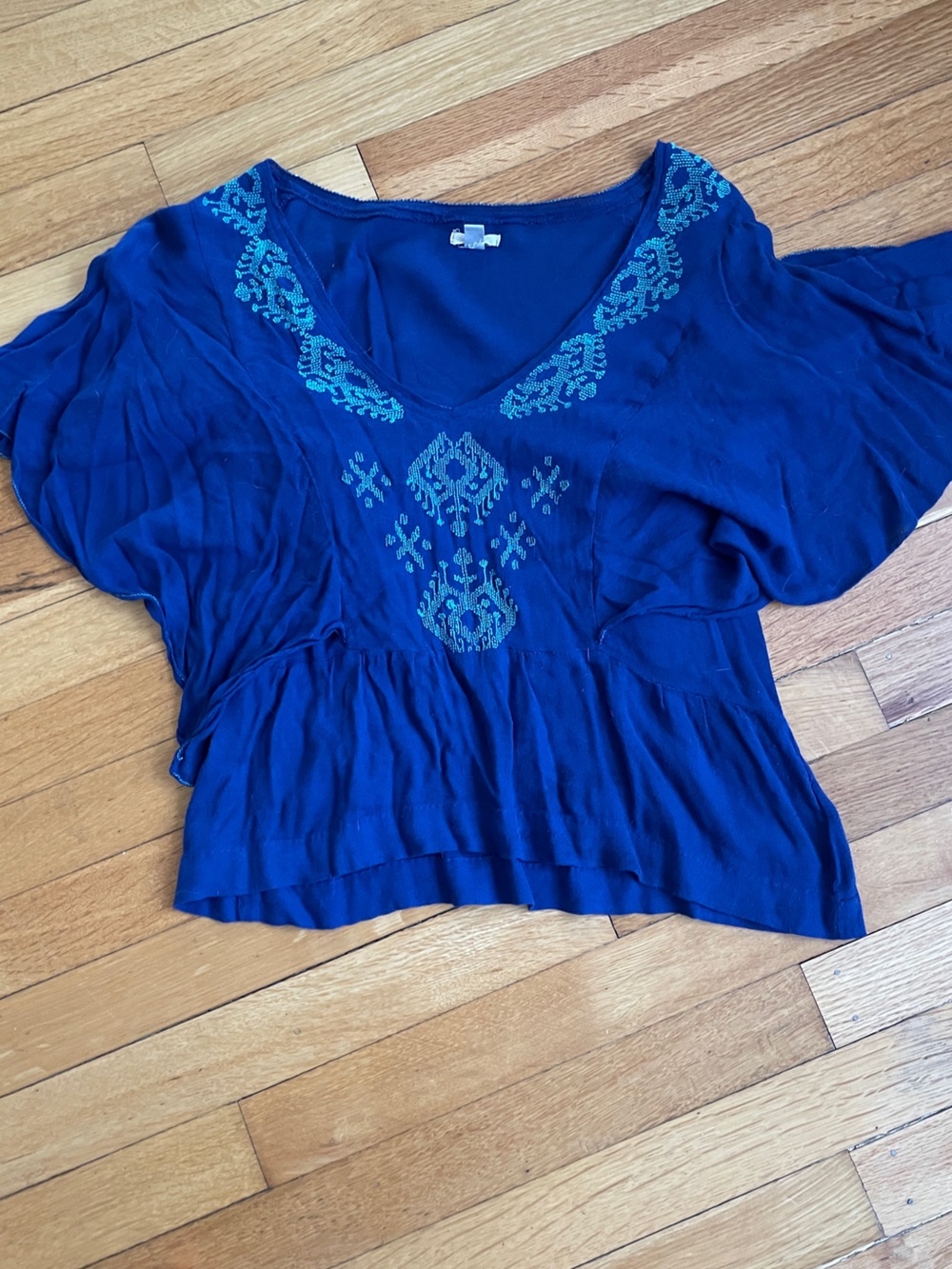 Ecote Navy Blue Short Sleeve V-Neck Top with Teal Embroidery